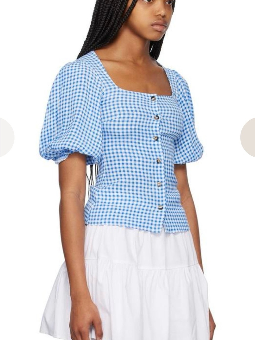 GANNI shirt top blouse colorful 34 (XS) puff sleeve Blue White gingham retro